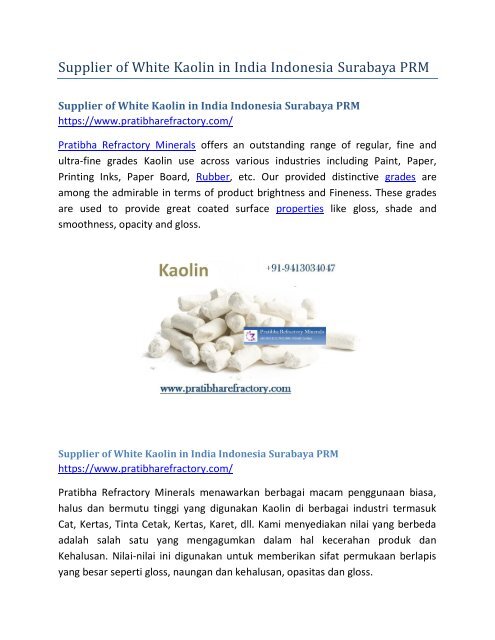 Supplier of White Kaolin in India Indonesia Surabaya PRM