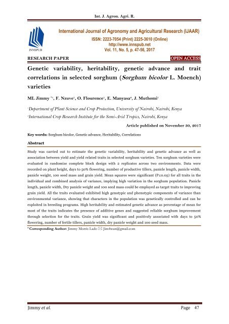 Genetic variability, heritability, genetic advance and trait correlations in selected sorghum (Sorghum bicolor L. Moench) varieties