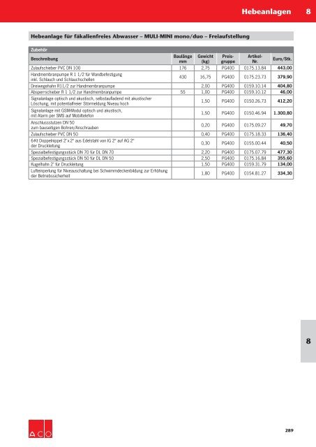 ACO Österreich Haustechnik Preisliste 2019 Kapitel 8 Hebeanlagen