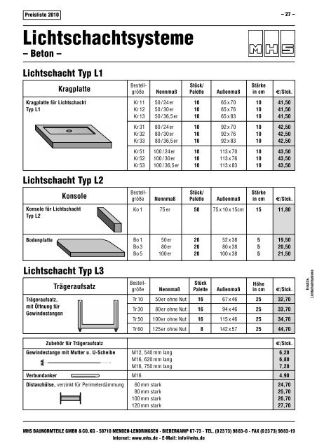 Lichtschachtsysteme â€“ Beton - MHS Baunormteile GmbH