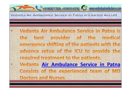 Vedanta Air Ambulance Service in Patna and Kolkata with Low Budget