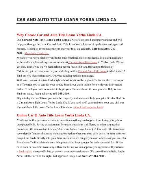 Get Auto Car Title Loans Yorba Linda CA | 657-363-3010