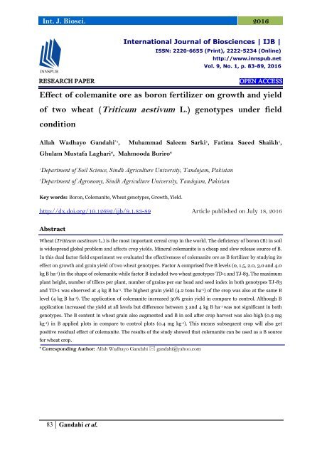 Effect of colemanite ore as boron fertilizer on growth and yield of two wheat (Triticum aestivum L.) genotypes under field condition