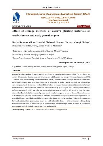 Effect of storage methods of cassava planting materials on establishment and early growth vigour
