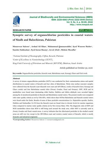 Synoptic survey of organochlorine pesticides in coastal waters of Sindh and Balochistan, Pakistan