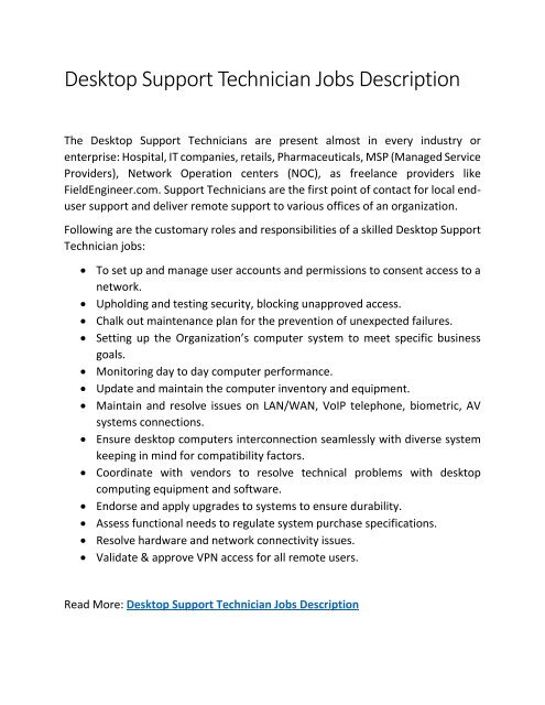 Desktop Support Technician Jobs Description