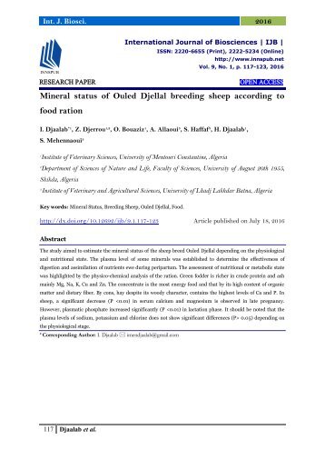 Mineral status of Ouled Djellal breeding sheep according to food ration