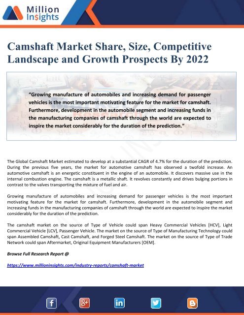 Camshaft Market Share, Size, Competitive Landscape and Growth Prospects By 2022