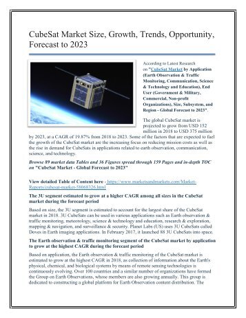 CubeSat Market Size, Growth, Trends, Opportunity, Forecast to 2023.