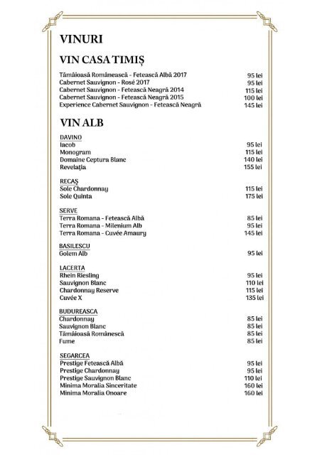 Conacul Casa Timis - Meniu Vinoteca