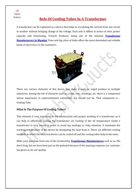 Role Of Cooling Tubes In A Transformer