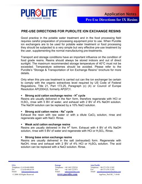 Pre-use Conditioning of Ion Exchange Resins - Purolite.com