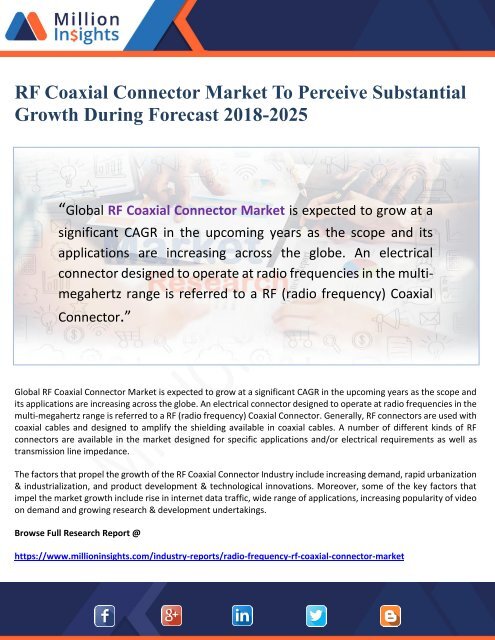 RF Coaxial Connector Market To Perceive Substantial Growth During Forecast 2018-2025