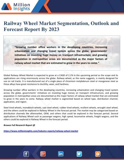 Railway Wheel Market Segmentation, Outlook and Forecast Report By 2023