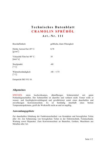 Technisches Datenblatt CRAMOLIN SPRÜHÖL Art.-Nr. 111 - ELV