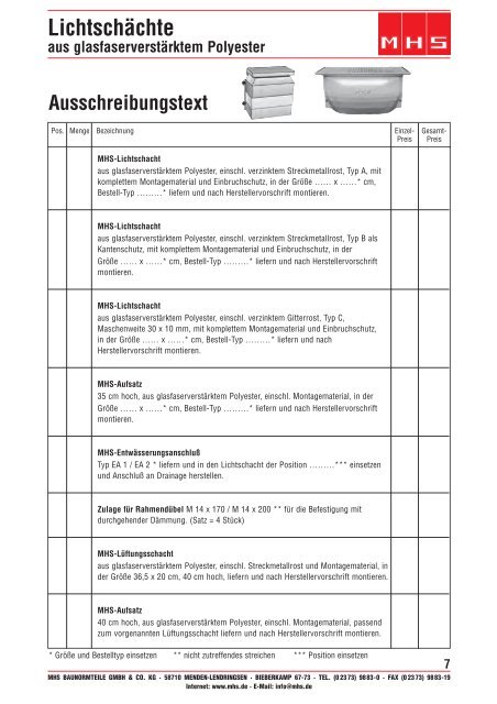 Lichtschächte aus glasfaserverstärktem Polyester ... - MHS