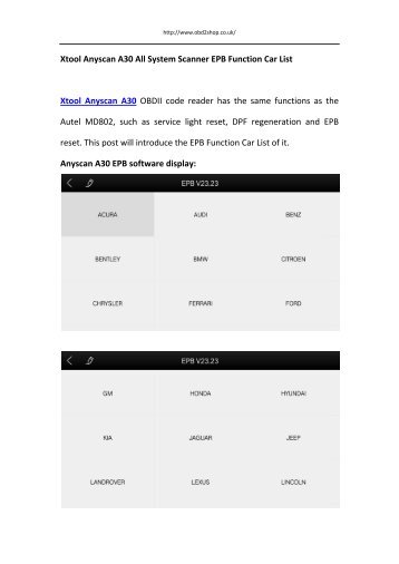 Xtool Anyscan A30 All System Scanner EPB Function Car List - obd2shop.co.uk