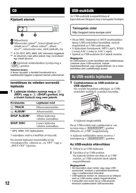 Sony CDX-GT550UI - CDX-GT550UI Consignes d&rsquo;utilisation Hongrois