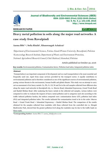 Heavy metal pollution in soils along the major road networks: A case study from Rawalpindi