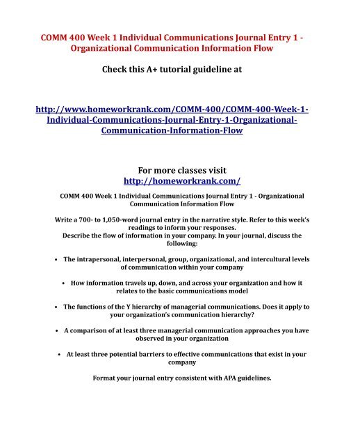 COMM 400 Week 1 Individual Communications Journal Entry 1 - Organizational  Communication Information Flow