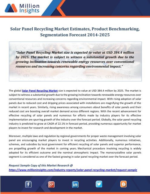 Solar Panel Recycling Market Estimates, Product Benchmarking, Segmentation Forecast 2014-2025