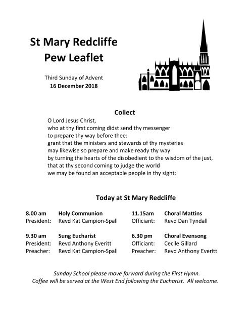 St Mary Redcliffe Church Pew Leaflet - December 16 2018