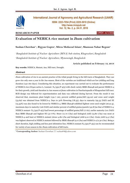 Evaluation of NERICA rice mutant in Jhum cultivation