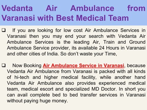 Vedanta Air Ambulance Services in Varanasi is Available at Reasonable Cost-converted