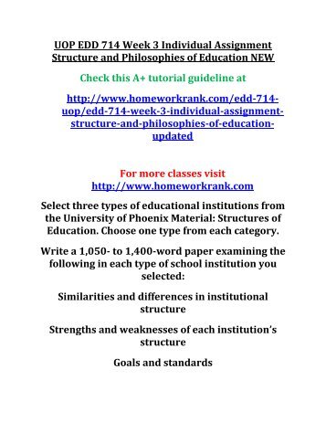 UOP EDD 714 Week 3 Individual Assignment Structure and Philosophies of Education NEW