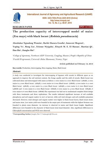 The production capacity of intercropped model of maize (Zea mays) with black locust (Robinia pseudoacacia)