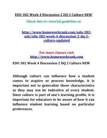 EDU 382 Week 4 Discussion 2 DQ 2 Culture NEW