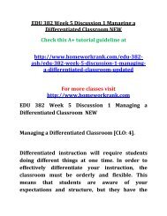 EDU 382 Week 5 Discussion 1 Managing a Differentiated Classroom NEW