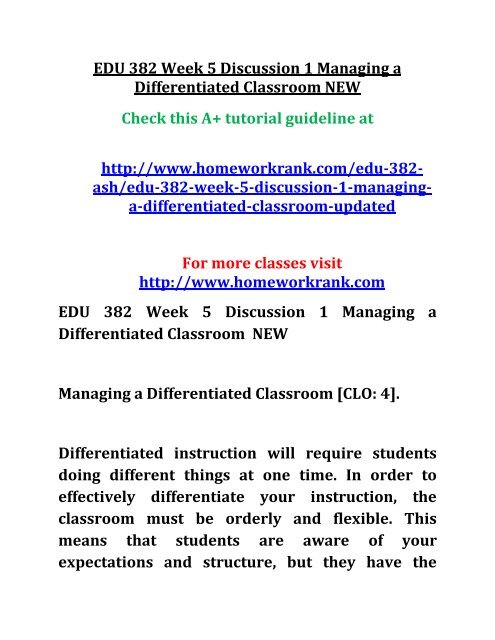 EDU 382 Week 5 Discussion 1 Managing a Differentiated Classroom NEW