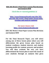 EDU 382 Week 5 Final Paper Lesson Plan Revision and Analysis NEW