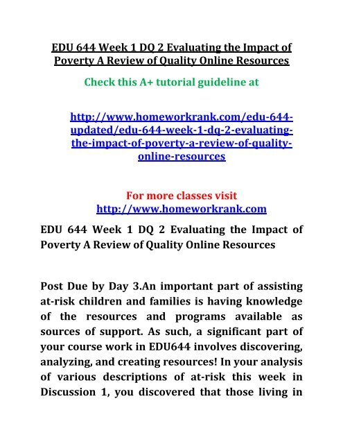 EDU 644 Week 1 DQ 2 Evaluating the Impact of Poverty A Review of Quality Online Resources