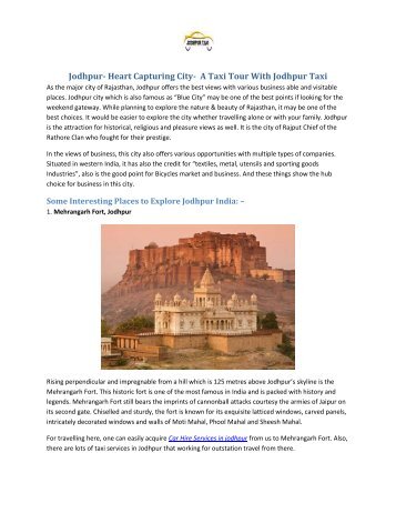 Jodhpur- Heart Capturing City-  A Taxi Tour With Jodhpur Taxi