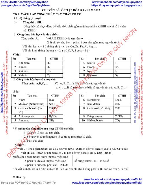 CHUYÊN ĐỀ ÔN TẬP HÓA 8,9 - NĂM 2017 - TÔ QUỐC KIM - GV HÓA THPT BÌNH SƠN - SÔNG LÔ - VĨNH PHÚC