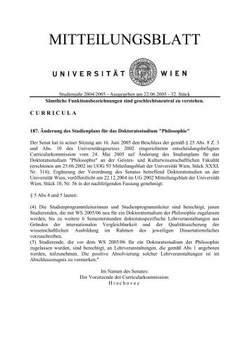 187. Änderung des Studienplans für das ... - Universität Wien