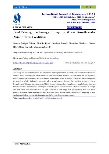 Seed Priming: Technology to improve Wheat Growth under Abiotic Stress Conditions