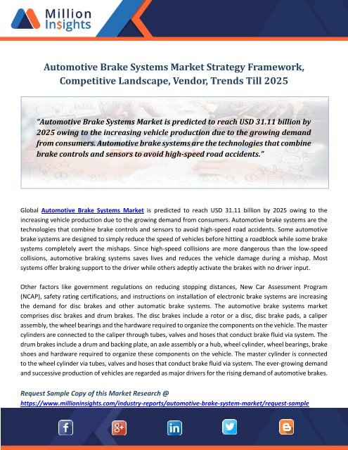 Automotive Brake Systems Market Strategy Framework, Competitive Landscape, Vendor, Trends Till 2025