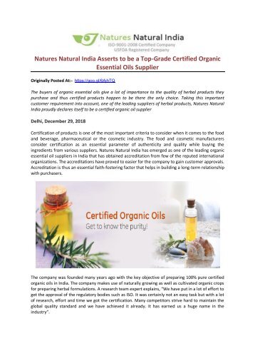 Natures Natural India Asserts to be a Top-Grade Certified Organic Essential Oils Supplier