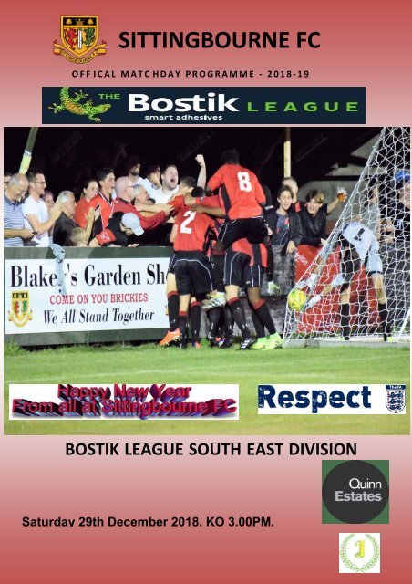 Match Day programme Sittingbourne v Herne Bay 29/12/2018