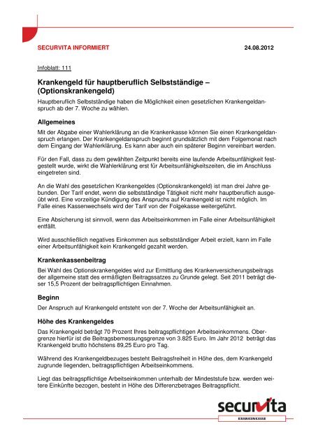 Krankengeld Fur Hauptberuflich Selbststandige Securvita