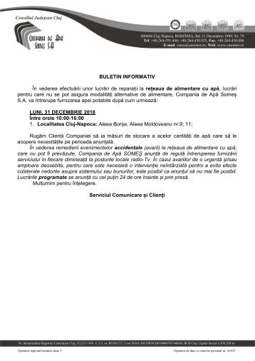 Anunt intreruperi apa 31 decembrie  2018
