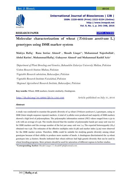 Molecular characterization of wheat (Triticum aestivum L.) genotypes using ISSR marker system