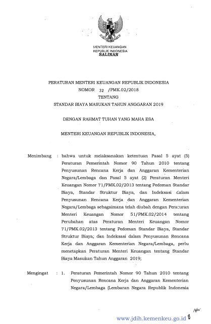 Standar Biaya 2019 Pmk Nomor 32 Pmk 02 2018 Sbm Ta 2019