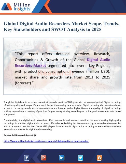 Global Digital Audio Recorders Market Scope, Trends, Key Stakeholders and SWOT Analysis to 2025