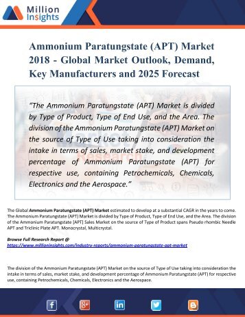 Ammonium Paratungstate (APT) Market 2018 - Global Market Outlook, Demand, Key Manufacturers and 2025 Forecast