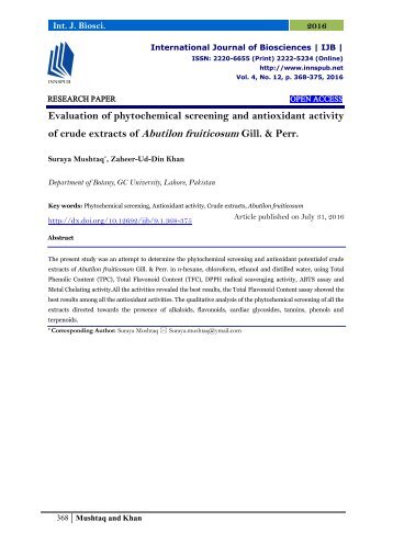 Evaluation of phytochemical screening and antioxidant activity of crude extracts of Abutilon fruiticosum Gill. & Perr.