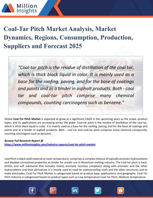 Coal-Tar Pitch Market Analysis by Product Types, Marketing Channel Development Trend, Market Effect Factors Analysis by 2025
